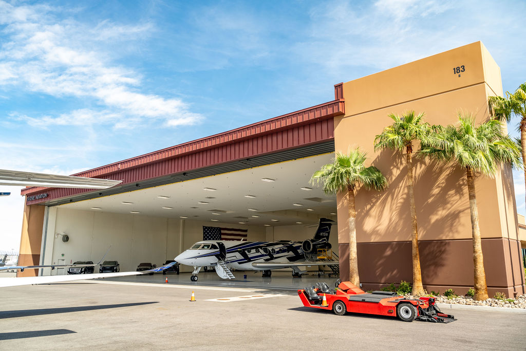 airplane with the steps down inside a hanger at Quail Air Center in Las Vegas